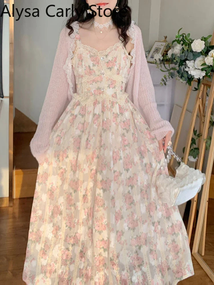 jinran Chiffon Lace Strap Dress Women Floral Embroidery Fairy Vintage Long Dress Female Sweet Princess Casual Party Dresses 2024 Summer