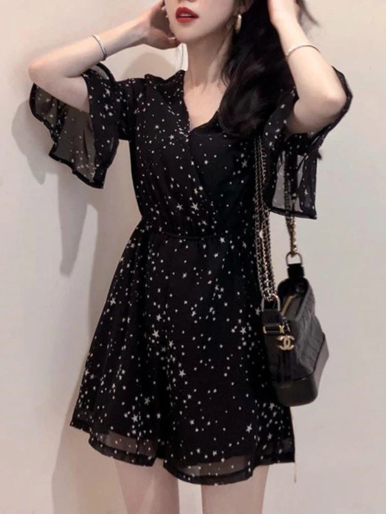 jinran Korean Elegant Chiffon Mini Dress Women Sexy V-neck Floral Fairy Dress Female 2024 Summer Fashion Casual Evening Party Dress Y2k