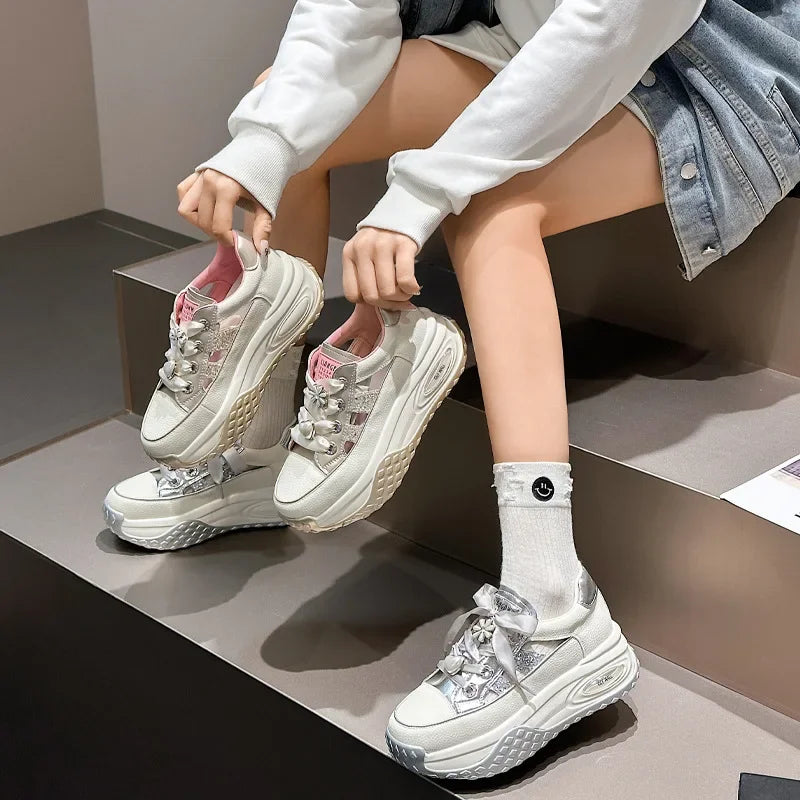 jinran leather thick soled hollowed out women's summer new versatile breathable and elevated sports and leisure shoes shoes