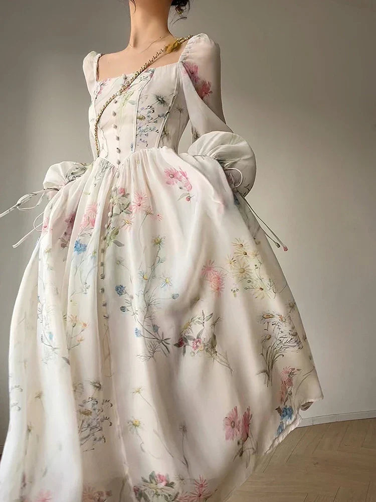 jinran Summer French Floral Midi Dress Elegant Chiffon Long Sleeve Party Dress Woman Beach Evening Fairy One Piece Dress Korean