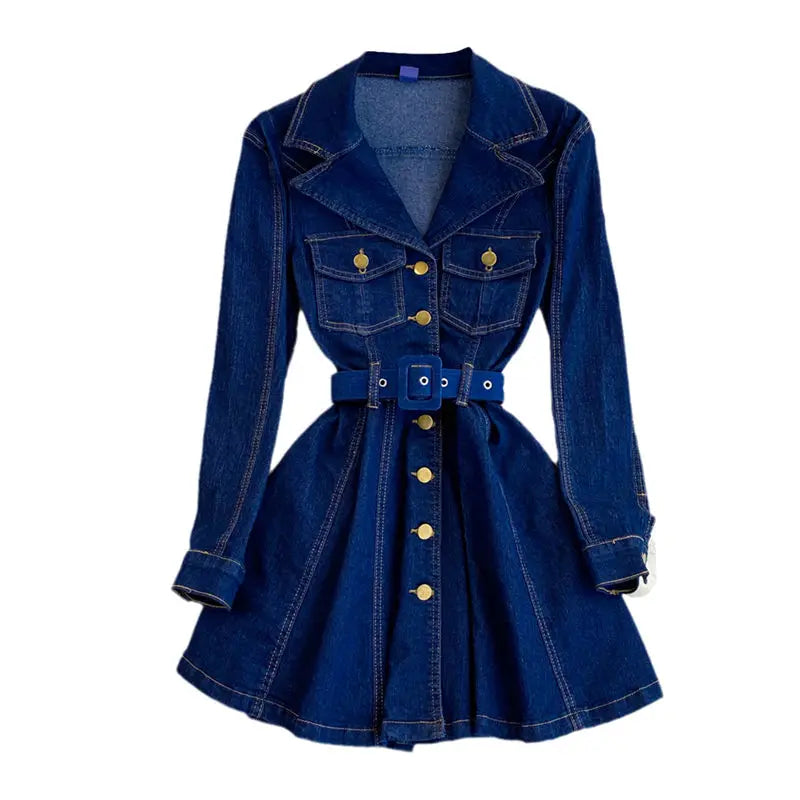 jinran 2024 Spring Autumn Retro High Quality Long Sleeve Suit Collar Double Breasted Slim A Line Denim Dress Women Shirt Jacket T1485