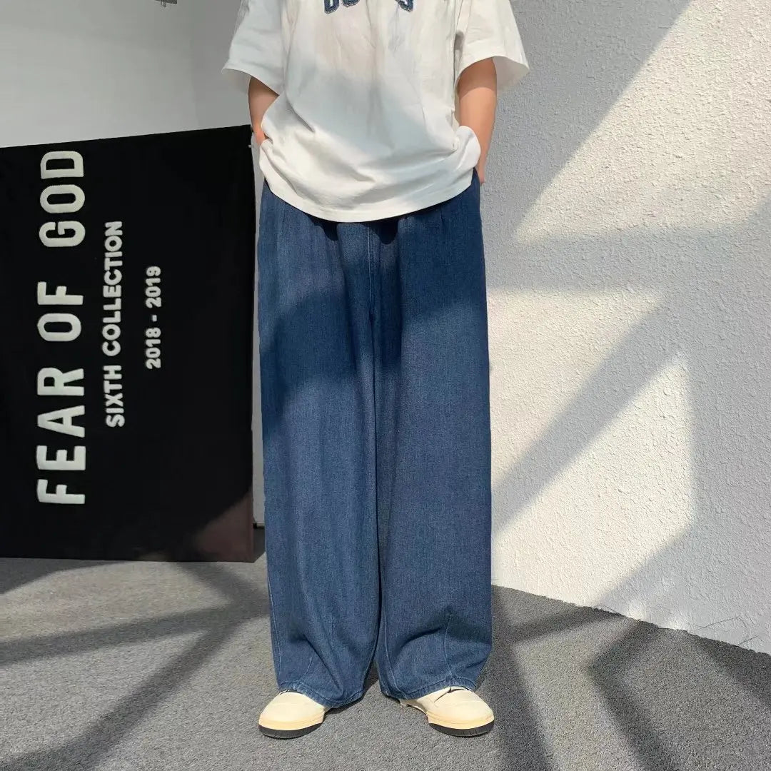 Men's Pure Color Cargo Jeans Simple All-match Wide Leg Pants Trousers Men Hip Hop Streetwear Oversized 90s Vintage Fashion Denim