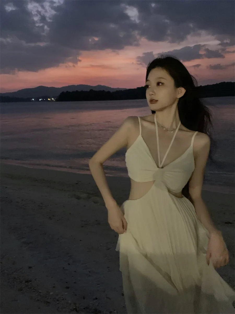 jinran Summer New Fashion Women Sexy Pleated Boho Long Dress Vacation Beach Strap A line Ladies Robe 2024 Sundress