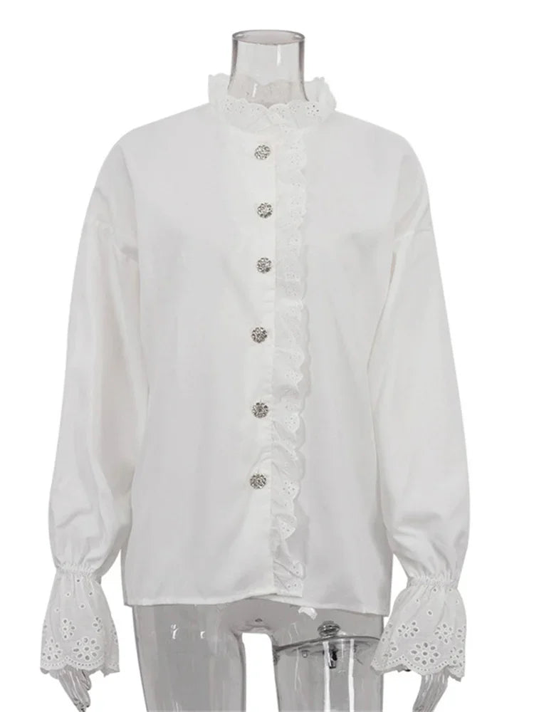 nvxiot - Female Glitter Ruffled Shirts Top Inner Patchwork Long Sleeve Casual Commute Clothes Hollow Out Elegant Women's Blouses