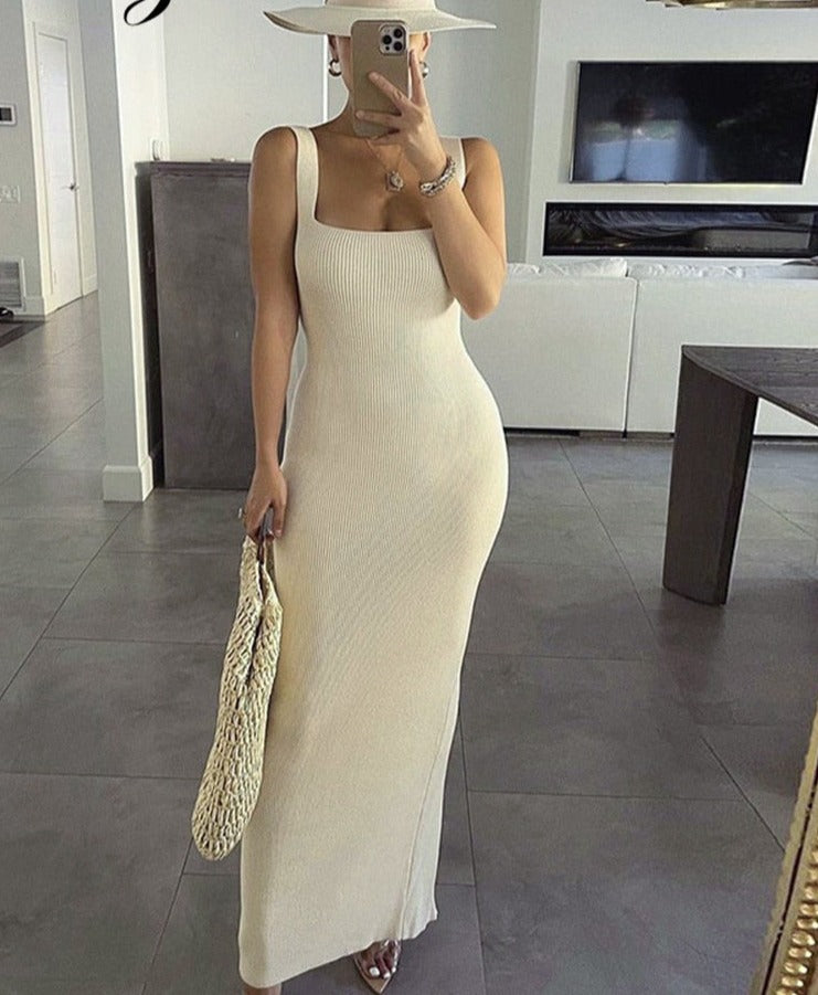 jinran Ribbed Knitted Women'S Solid Sleeveless Tank Midi Dress Bodycon Sexy Streetwear Casual Party Club Summer Wholesale