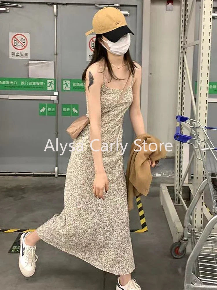 jinran Elegant Sexy Floral Slip Dress Women Sweet Slim Korean Style Party Dress Female 2024 Summer Casual Evening Holiday Beach Dress
