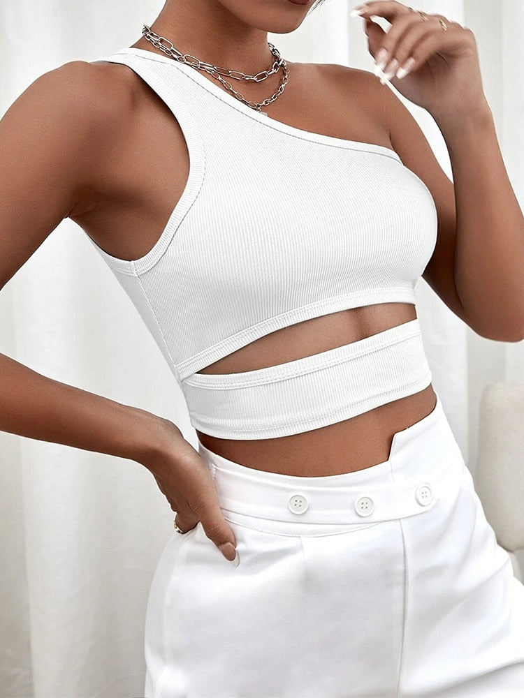 jinran Sexy Solid Cut Out One Shoulder Rib Knit Crop Top Women Summer Club High Street Style Backless Tank Top Y2K Clothes 2023