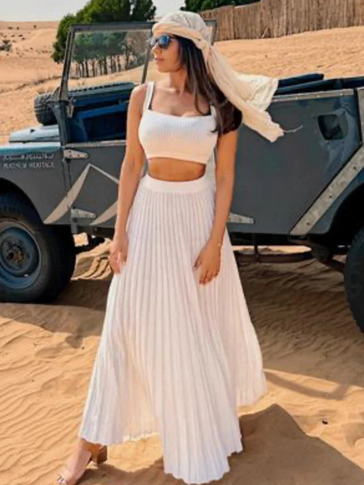 jinran New White Knit Two Piece Women Sets Fall Ribbed Tank Top And Pleated Knitted Skirt Suits For Women Long Dress Sets Summer