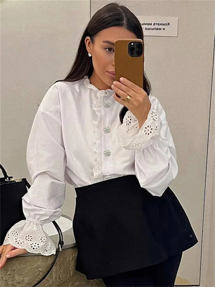 nvxiot - Female Glitter Ruffled Shirts Top Inner Patchwork Long Sleeve Casual Commute Clothes Hollow Out Elegant Women's Blouses