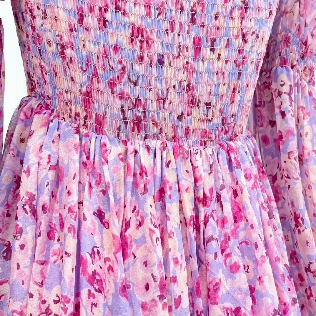 jinran 2024 New Floral Shirred Patchwork Puff Long Sleeves High Waist Chic Silk Maxi Dresses for Women