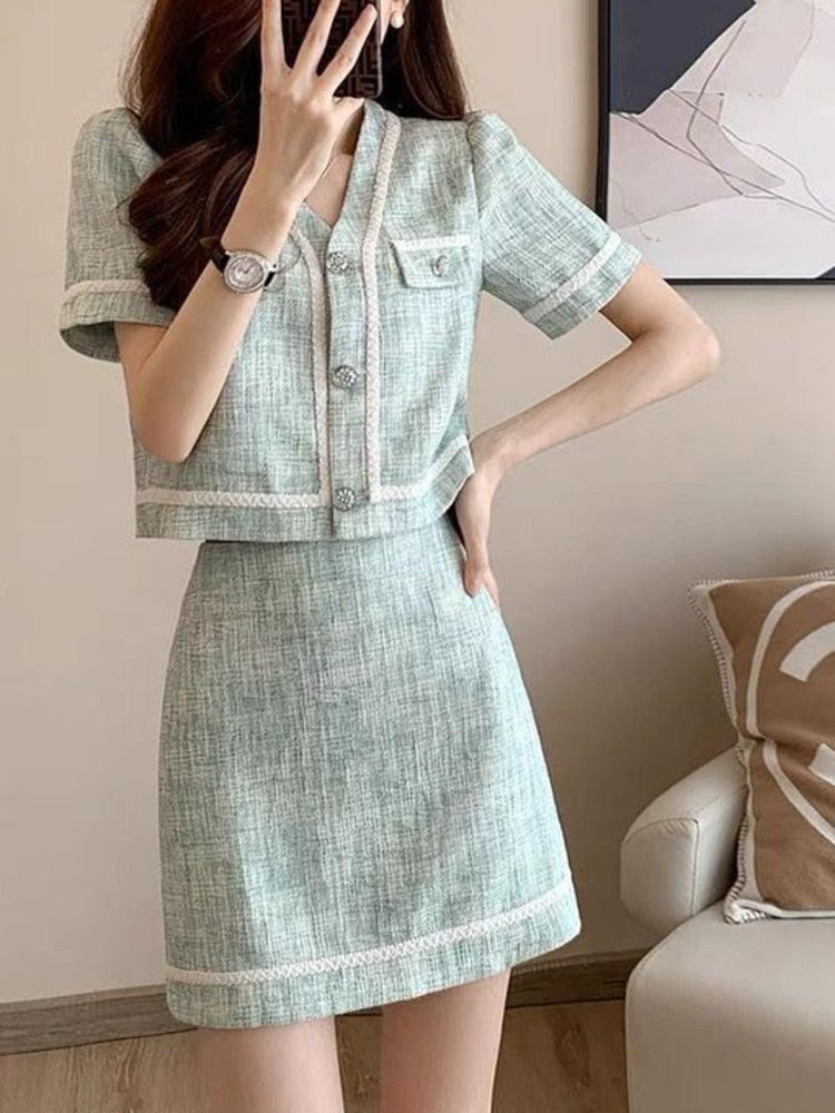 jinran French Vintage Small Fragrance Two Piece Set Women Short Jacket Coat + Mini Skirt Sets Korean Fashion Summer 2 Piece Outfit