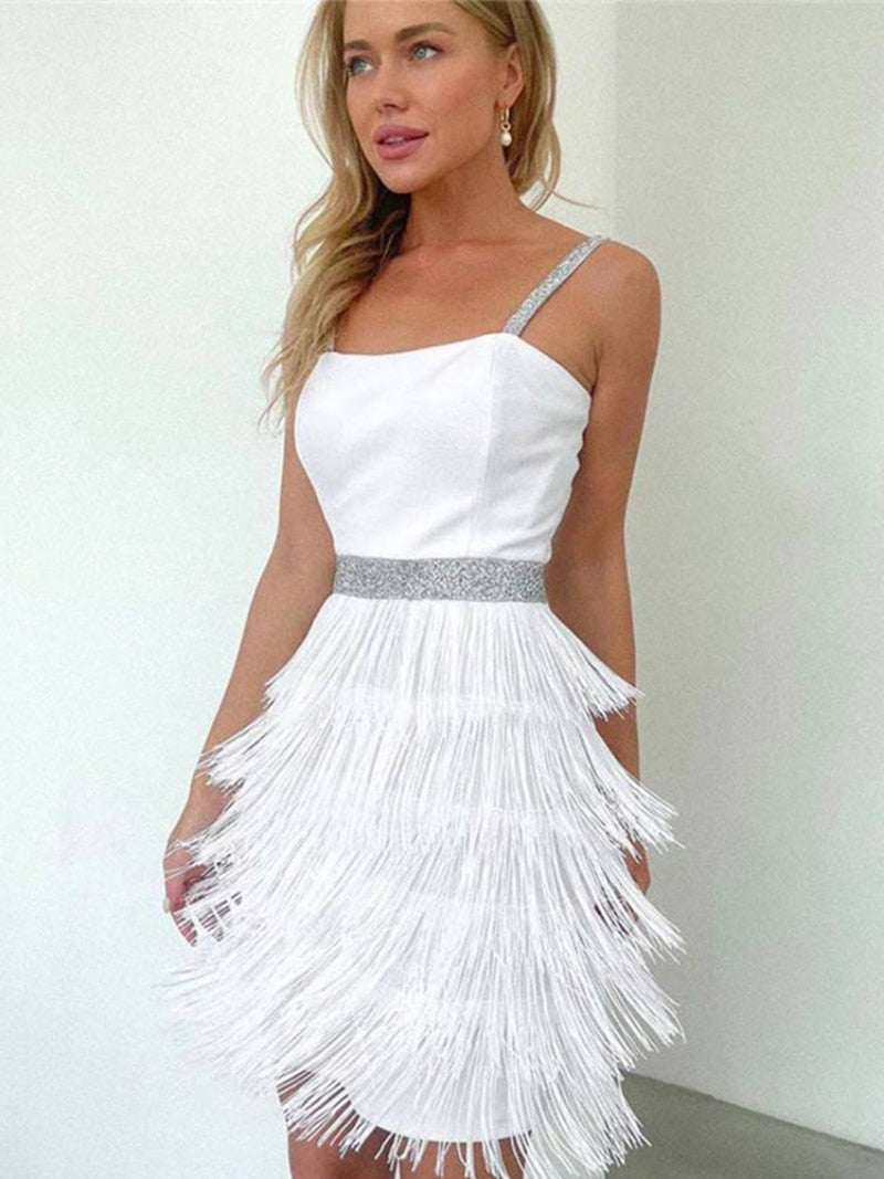 jinran Chic Sexy Sleeveless V-Neck Vintage Tassel Mini Dress Women Elegant Evening Party Bodycon Dresses Summer Ladies Night Club Dress