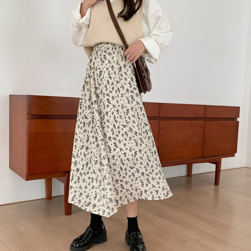 jinran Summer New Floral Print A Line Pleated Women Long Skirts 2022 Korean Fashion Elastic Waist Sweet Retro Midi Skirt Streetwear