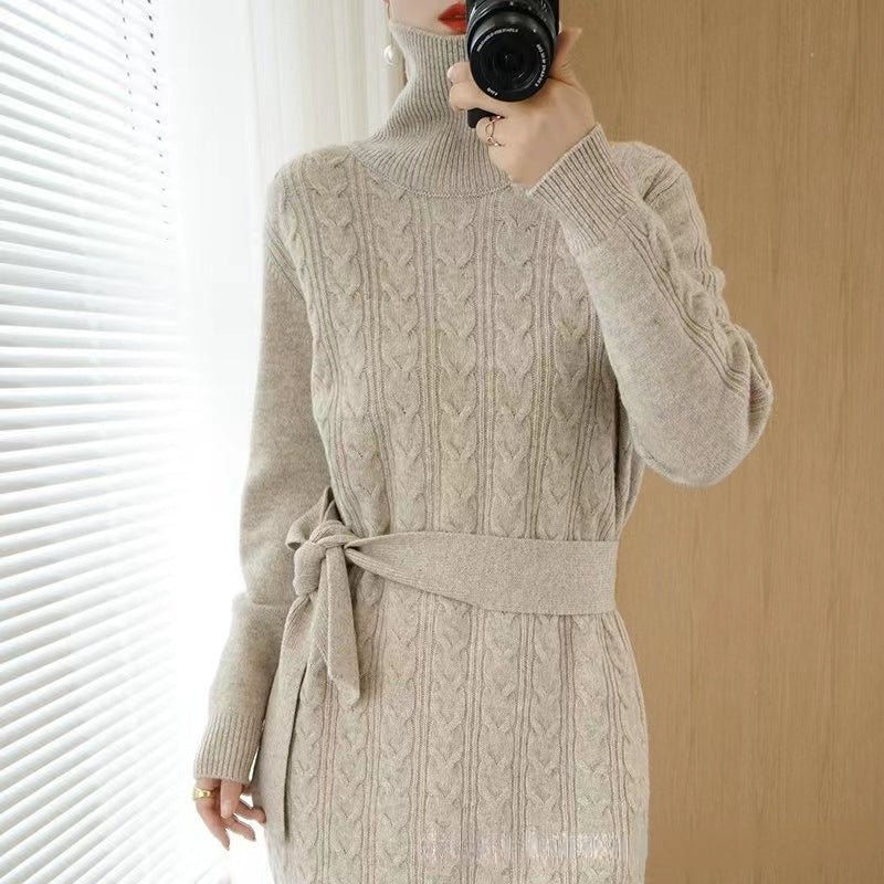 jinran Women Clothing Fashion Turtleneck Knitted Dress 2022 Autumn Winter New Lace-up Waist Sweater Skirt Korean Clothes Women Dresses