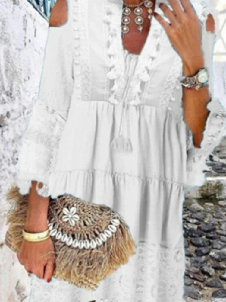 jinran New Spring Embroidery Crochet Lace Boho Dress Women Elegant Off Shoulder Tassel Ruffle Mini Dress Summer V Neck Lady Beach Dress