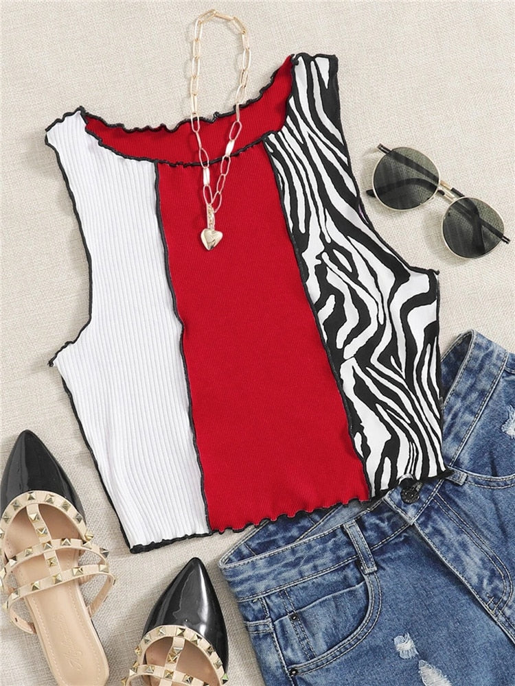 jinran Zebra Stripe Graphic Patchwork Rib Knit Ruched Crop Vest Women Y2K Clothes Summer Harajuku Sleeveless Tank Tops Streetwear