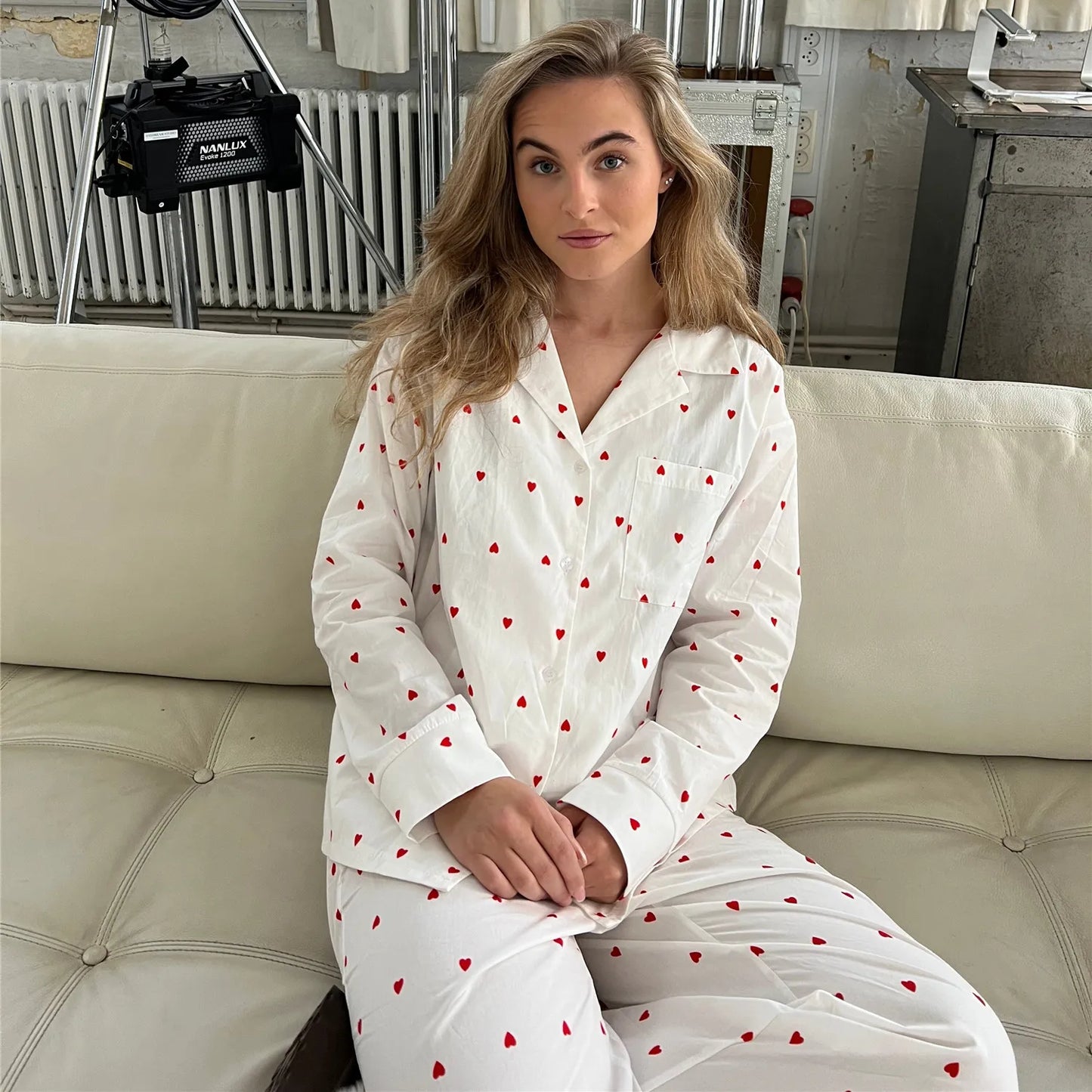 nvxiot - Women Pajamas Cute 2 Piece Set Y2K Vintage Print Button Up Long Sleeve Blouse T-shirt Tops+Pants Home Loungewear Sleepwear