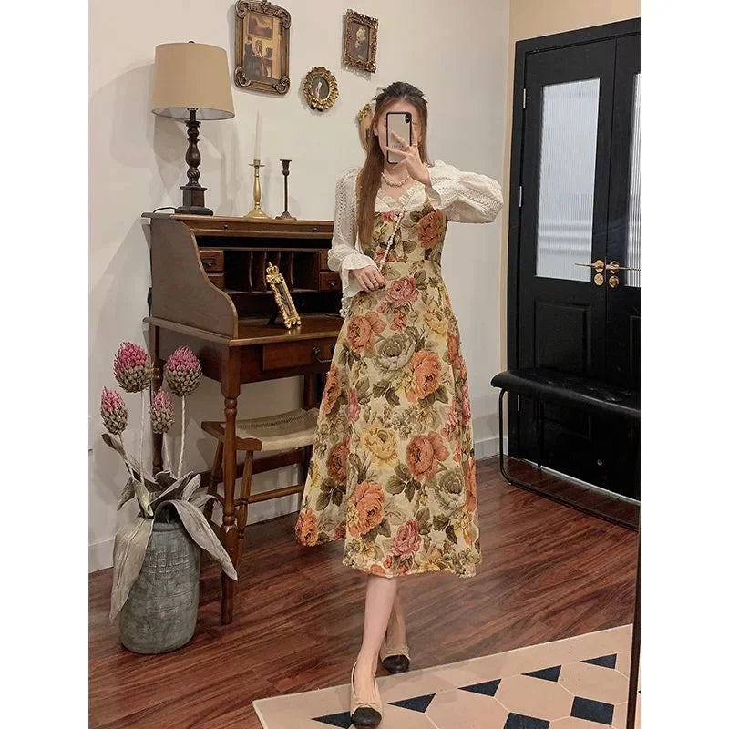 jinran French Vintage Floral Dress Women Lace Korean Style Evening Party Midi Dress Female Print Retro Elegant Fairy Dress Autumn 2024