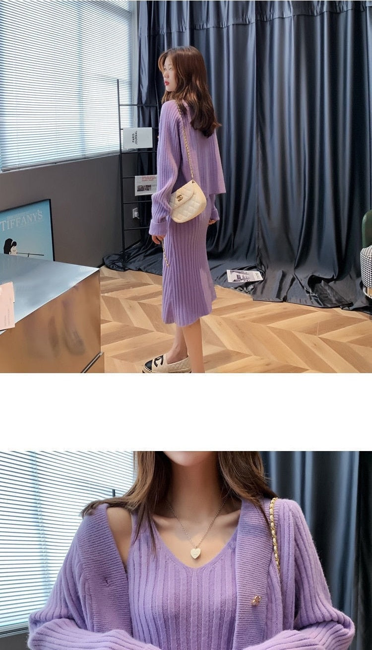 jinran Womans Clothes for Autumn Winter Loose Solid Knitwear Women's Two Piece V-Neck Casual Dress Set Long Sleeve Sweater Skirt