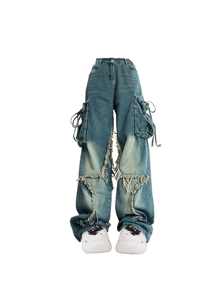 jinran Women Blue Cargo Jeans Baggy Vintage 90s Aesthetic High Waist Cowboy Pants Harajuku Denim Trousers Y2k Trashy 2000s Clothes 2024