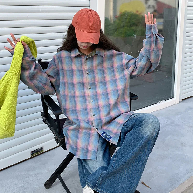 Colorful Plaid Shirt Men Fashion Vintage Shirt Men Streetwear Loose Long Sleeved Shirt Mens Oversized Casual Shirts M-2XL