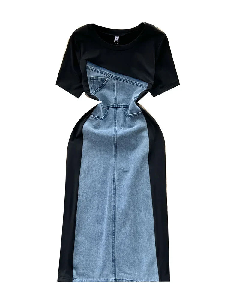 jinran Temperament Contrast Color Patchwork Denim Dress For Women Fashion Short Sleeve O-neck Dresses Female 2023 Summer 27SN4063