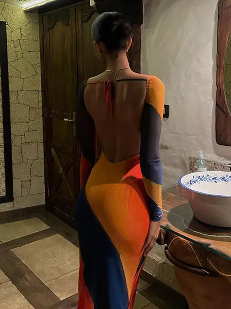 jinran - Sexy Backless Maxi Dress Fashion Print Long Sleeve Bodycon Party Dress Beach Outfits New Summer Evening Club Dress