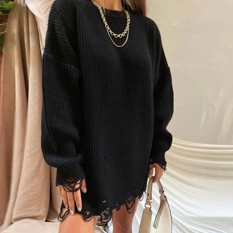 jinran Women Ripped Hole Knit Dress Autumn Winter Long Sleeve Mini Sweater Dresses Casual Loose Oversize Knitted Short Dresses