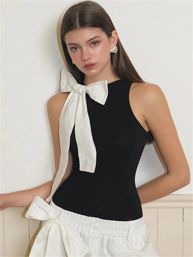 jinran Tee Bow Patchwork Jumpsuit For Women Sleeveless Slim Fashion Summer 2024 High Waist Contrast Casual Y2k Rompers Streetwear