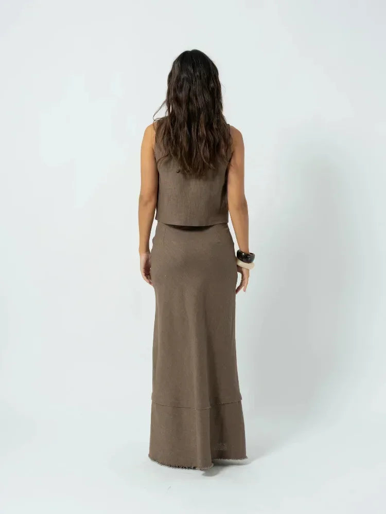 nvxiot - Elegant Bow Lace Up Sleeveless Vest Skirt Set Women Fashion V Neck Hollow Out Shirts High Waist Long Skirts Lady High Streetwear