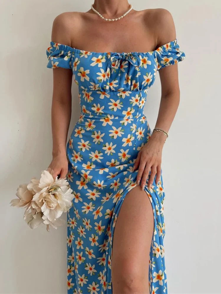 jinran Sexy Floral Print Short Sleeve Hip Wrap Party Dress Elegant Off Shoulder Backless Dress New Summer Waist Slit Boho Long Dresses