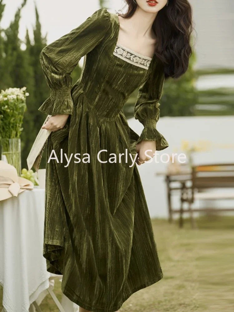 jinran Elegant Vintage Velvet Midi Dress Women Lace Patchwork Slim Korean Fairy Dress Female 2024 Spring Fashion Casual Party Dress Y2k