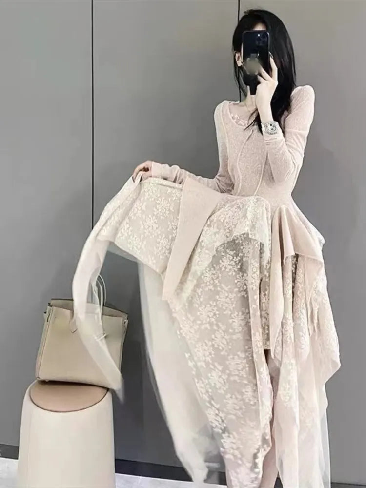 jinran - French Elegant Women's Vintage Dress 2022 Autumn Winter New Irregular Lace Splicing Evening Long Bridesmaid Party Dress