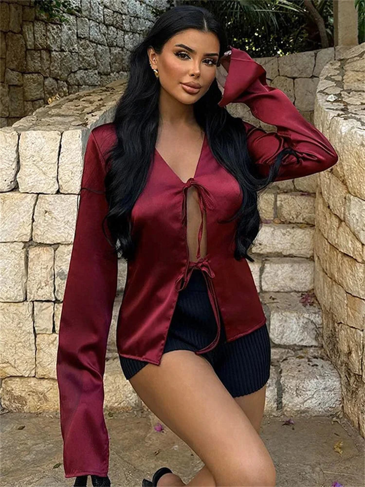 nvxiot - Satin Hollow Out Lace-Up Cardigan Top For Women V-Neck Solid Patchwork Cropped Shirts Casual Autumn Bandage Y2k Top Tee