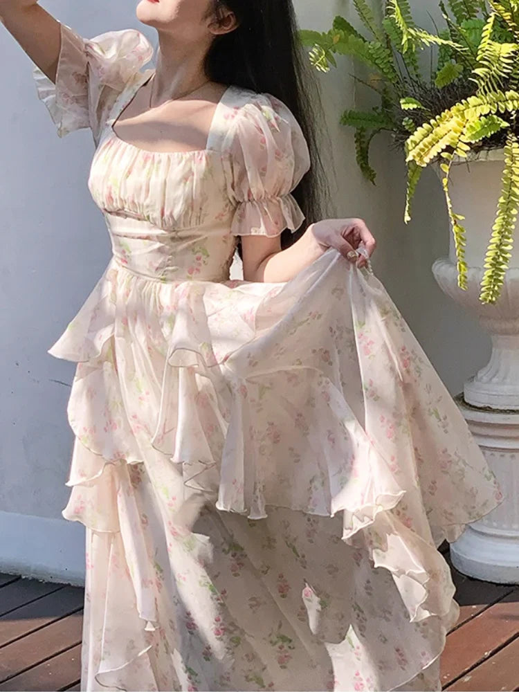 jinran Casual Floral Midi Dresses Women Elegant Short Sleeve Vintage Party Dress Summer One Piece Dress Korean Female Ruffles Chic 2024