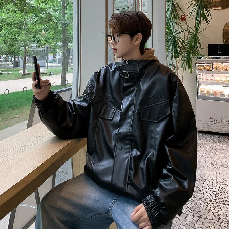 American PU Jacket Men's Embroidered Street Pilot Motorcycle Suit Hiphop Trendy Brand Loose Oversized Ruffian Handsome Top