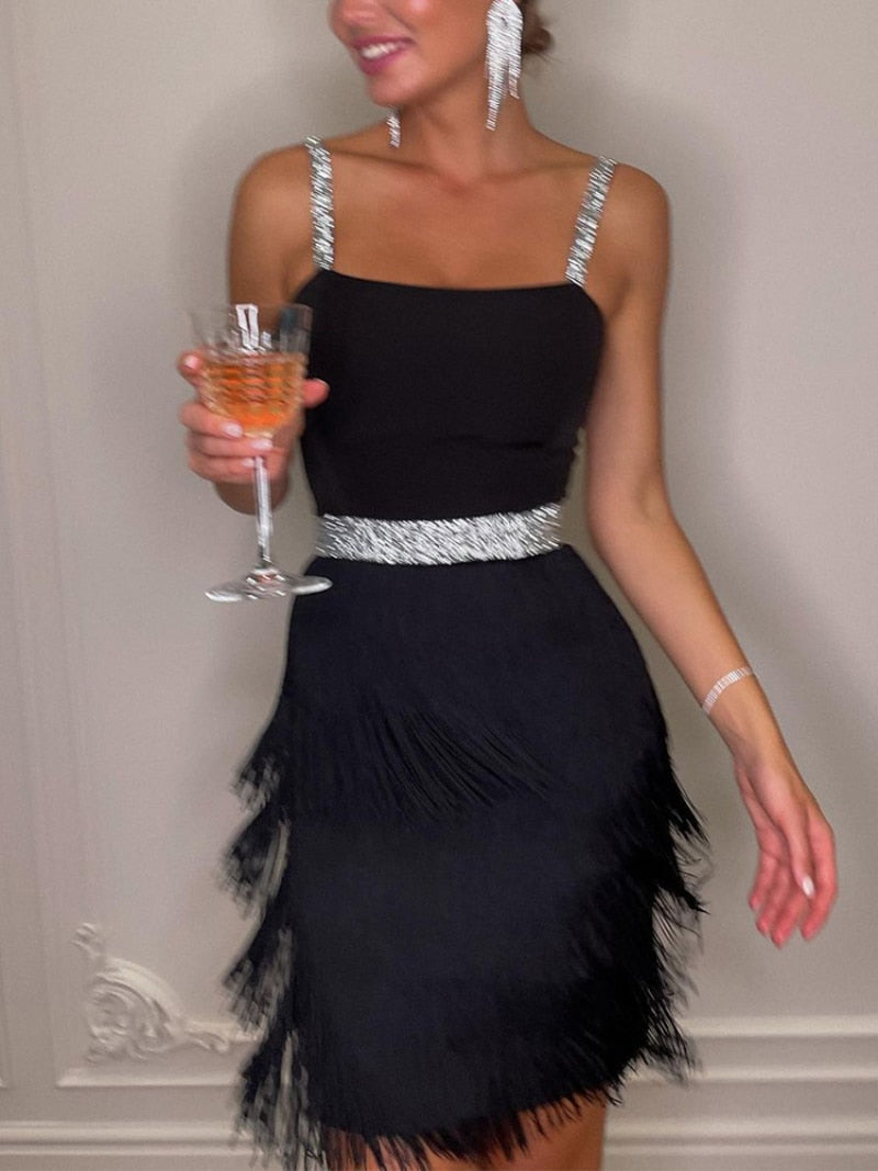 jinran Chic Sexy Sleeveless V-Neck Vintage Tassel Mini Dress Women Elegant Evening Party Bodycon Dresses Summer Ladies Night Club Dress