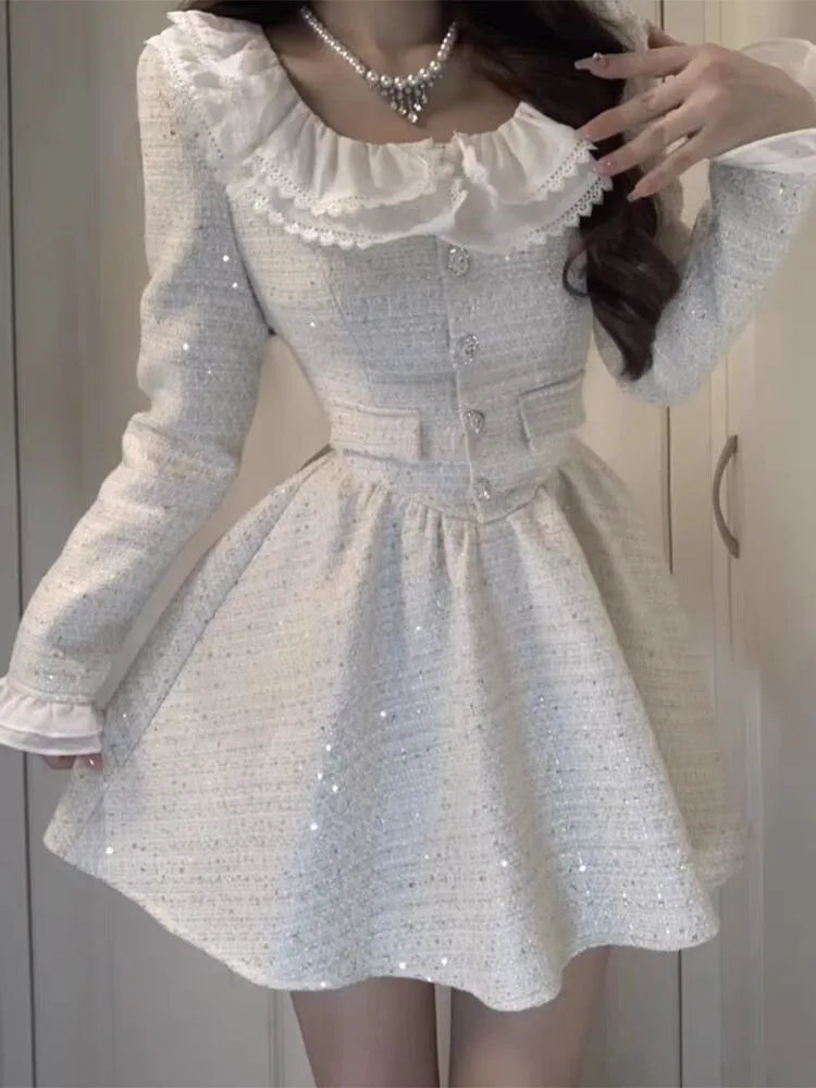 jinran Autumn Elegant Princess Dresses for Women New Fashion Long Sleeve Square Collar A-line Korean Birthday Party Dress Mini Vestidos
