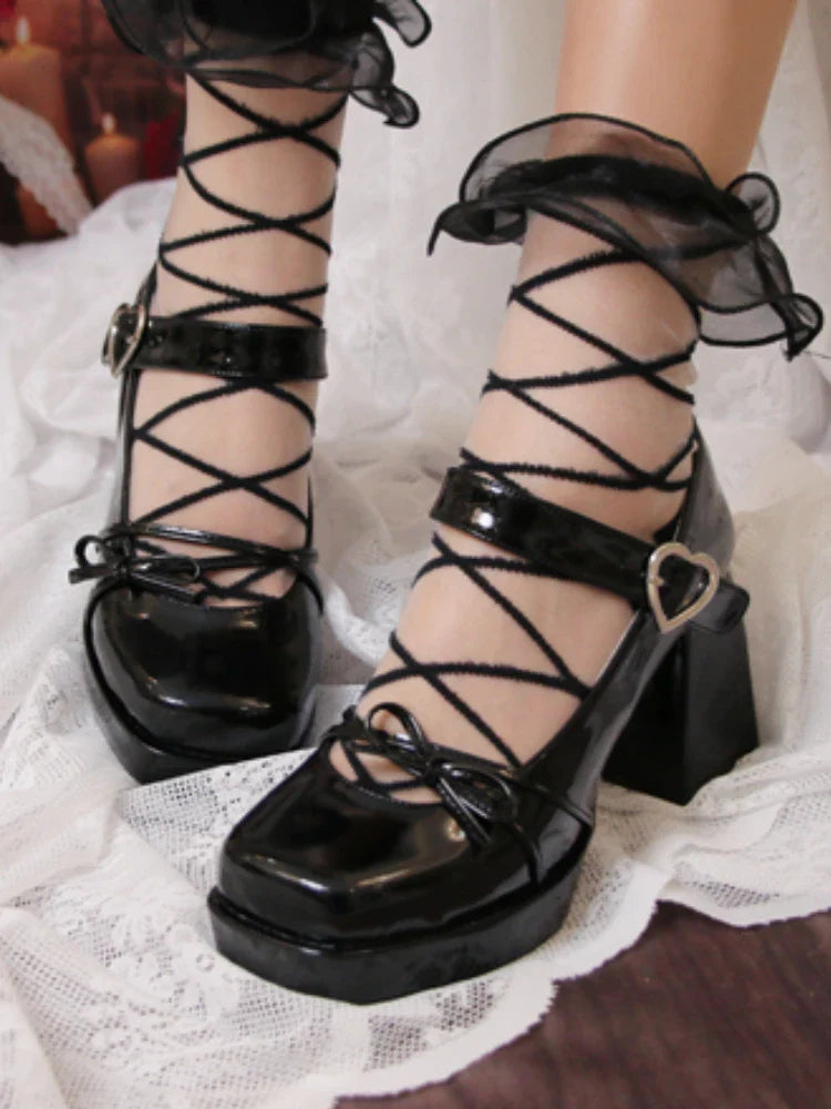 jinran Lolita French Style Square Head Leather Heels Elegant Ladies All-Match Mary Jane Thick High Heel Shoes Women's Pumps Shoes 2024