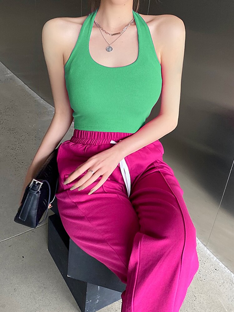 jinran Vest Sexy Crop Top Women Fashionable Solid Color Cross Hanging Neck Short Camisole Slim Midriff-baring Backless Women Summer