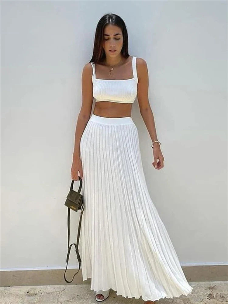 jinran New White Knit Two Piece Women Sets Fall Ribbed Tank Top And Pleated Knitted Skirt Suits For Women Long Dress Sets Summer