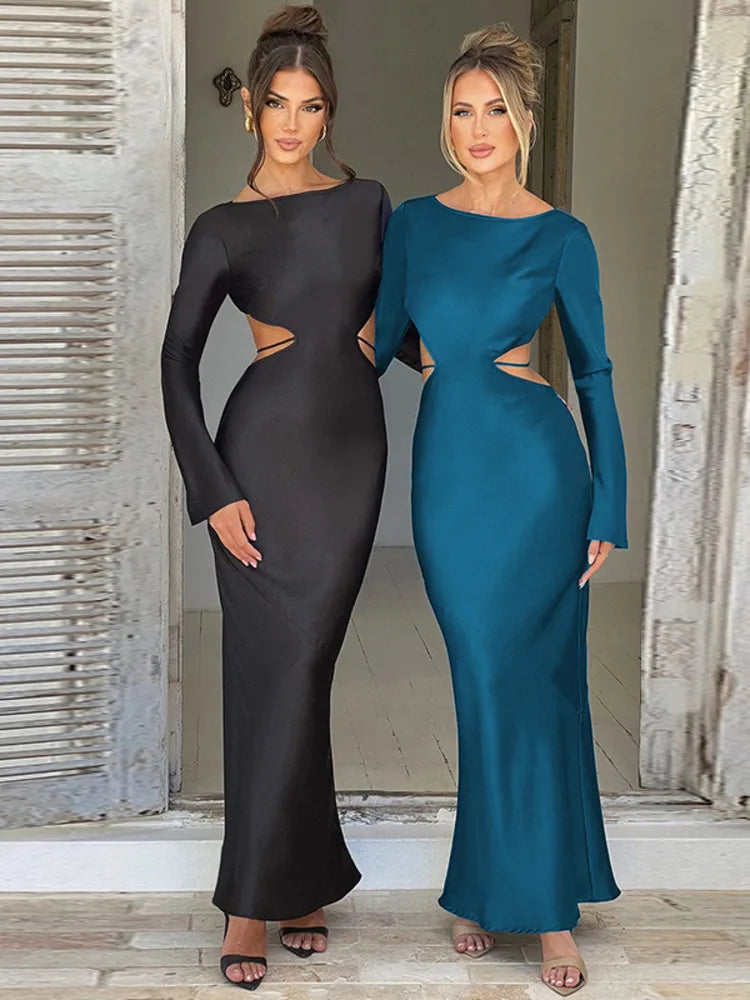 jinran Elegant Satin Backless Maxi Long Dress For Women Fashion O Neck Long Sleeve Bodycon Club Party Sexy Long Dress New