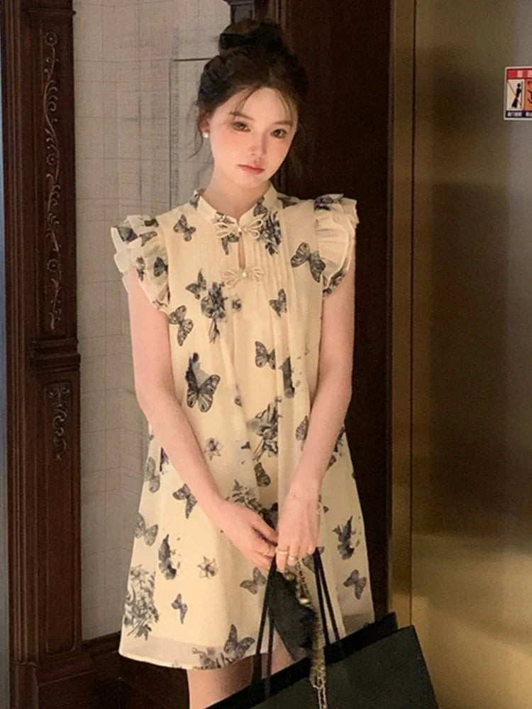 jinran Elegant Dresses for Women Summer New Chinese Style Butterfly Print Casual Party Dress Female Vintage Vestido Prom Robe 2024