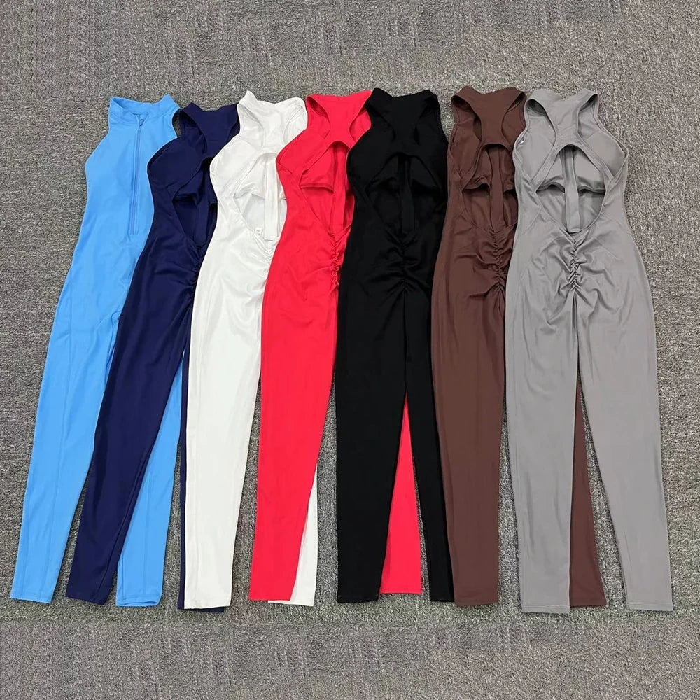jinran 2024 Zipper Women Tracksuit Pad Yoga Set One Piece Jumpsuit Workout Scrunch Legging Rompers Sport Gym Active Suit Exercise Wear