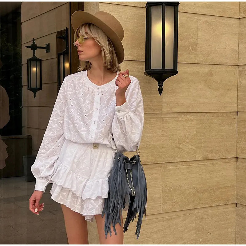 jinran Long Sleeved Shirt Shorts Sets Women Summer Stand Collar Single Breasted White Blouse Suits Casual Vacation 2 Pieces Set Outfit