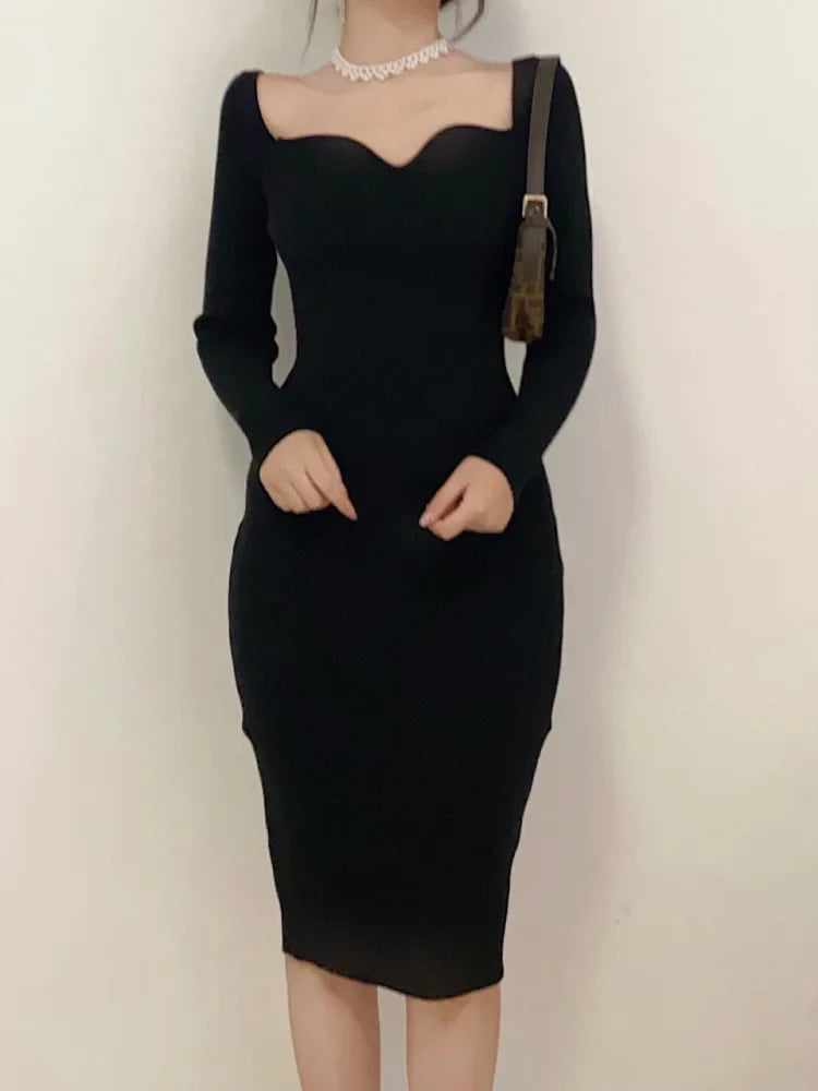 jinran Vintage Harajuku Slim Sweater Dress Women Autumn Winter Long Sleeve Bodycon Knitted Midi Dresses Party Evening Club Female