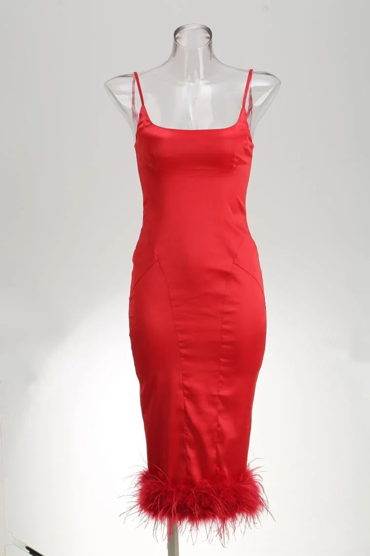 jinran Feather Tassel Spaghetti Strap Backless Long Dress Women Summer New Sleeveless Backless Bodycon Club Party Dress