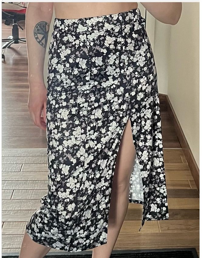 jinran Women Skirt Harajuku leopard flower printed package hip tall waist elastic Summer style mild calf a-line skirts Women XSK8110