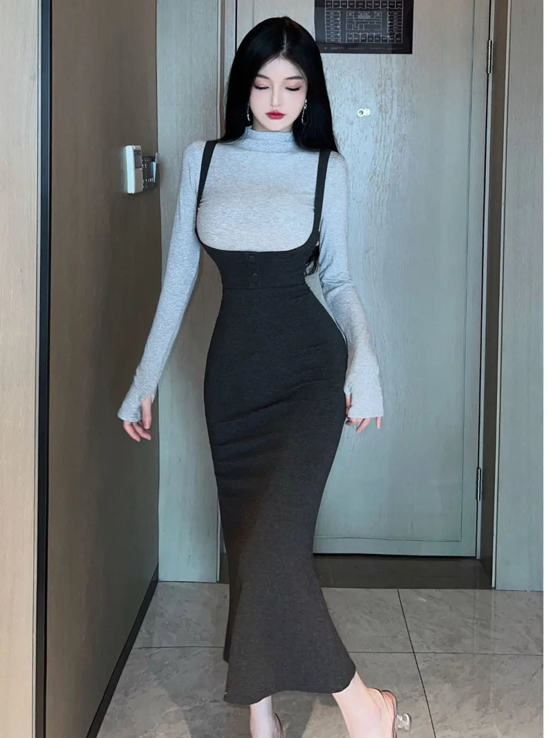 jinran 2024 Spring Autumn Women's Mature Sexy Spicy Girl Long Sleeve Knitted Top Slim Wrap Hip Half Dress Fashion Two Piece Set 0GKC