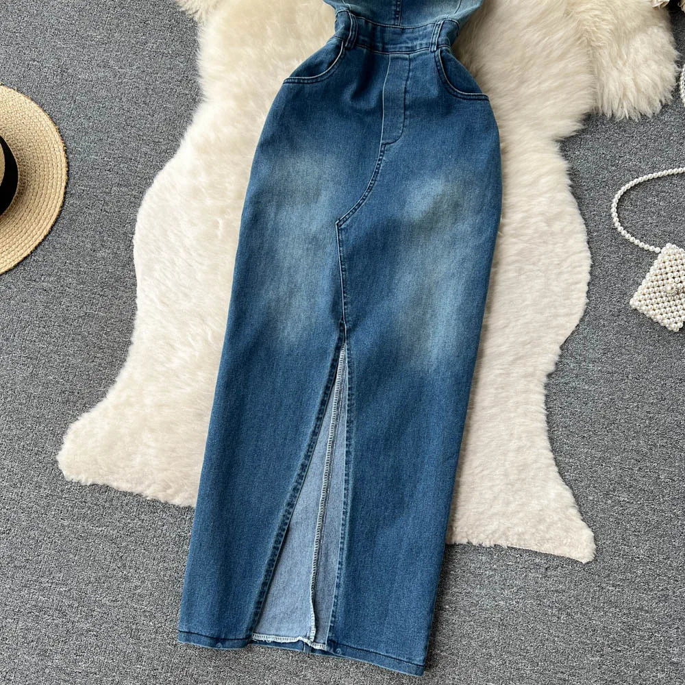 jinran Women Sexy Strapless Hollowed Out Halter Neck Backless Sleeveless High Waist Slimming A-line Denim Zipper Dress